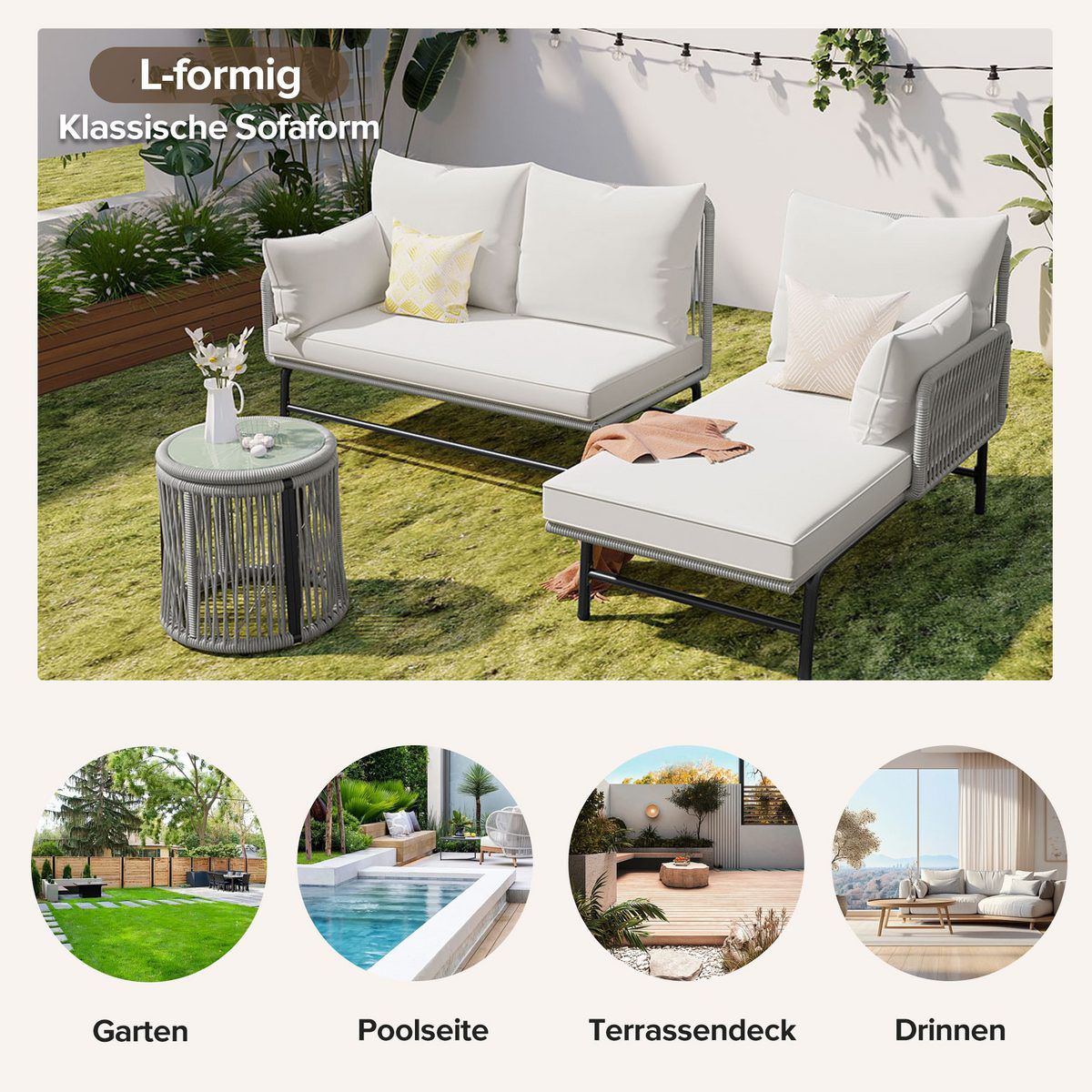 Outdoor furniture set with white cushions on a grassy area, surrounded by garden and poolside settings.